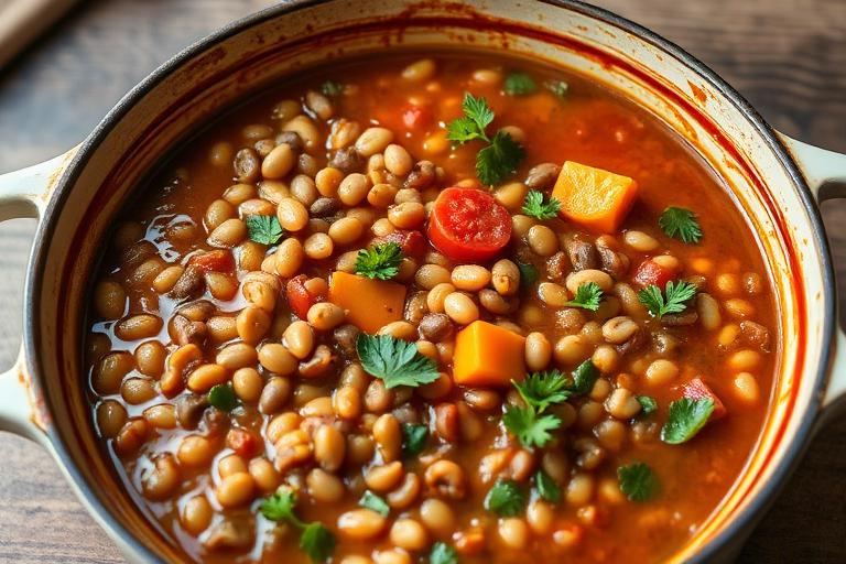 Vegan lentil and vegetable hotpot served and ready to eat