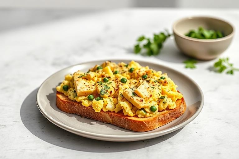 Vegan tofu scramble with turmeric served and ready to eat