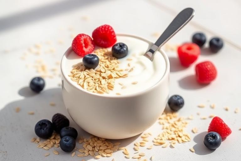 Yoghurt, oat and linseed pot served and ready to eat