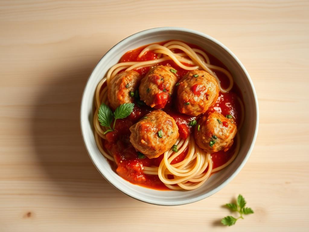Turkey meatballs with wholewheat pasta served and ready to eat