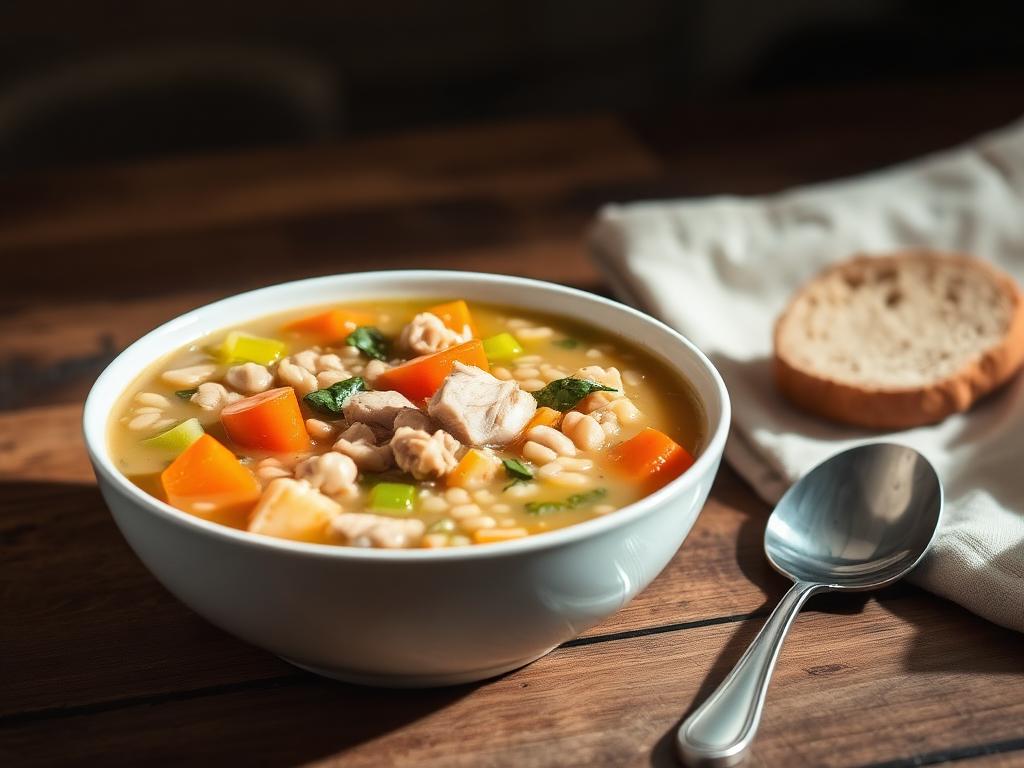 Bowl of chicken and barley soup served and ready to eat