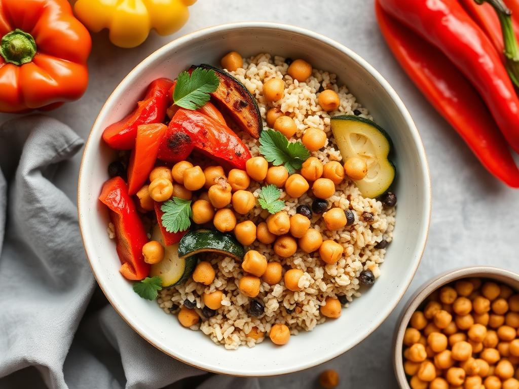 Quinoa and roasted vegetable lunch bowl served and ready to eat