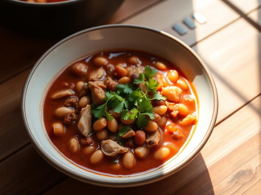 Bowl of turkey and bean chili served and ready to eat