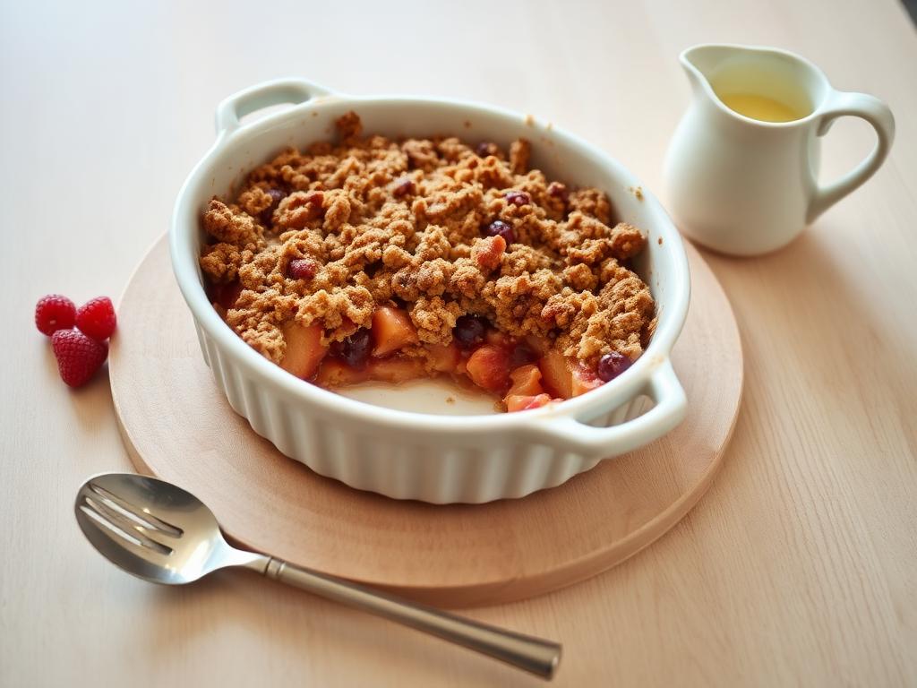 Wholemeal fruit crumble with custard served and ready to eat