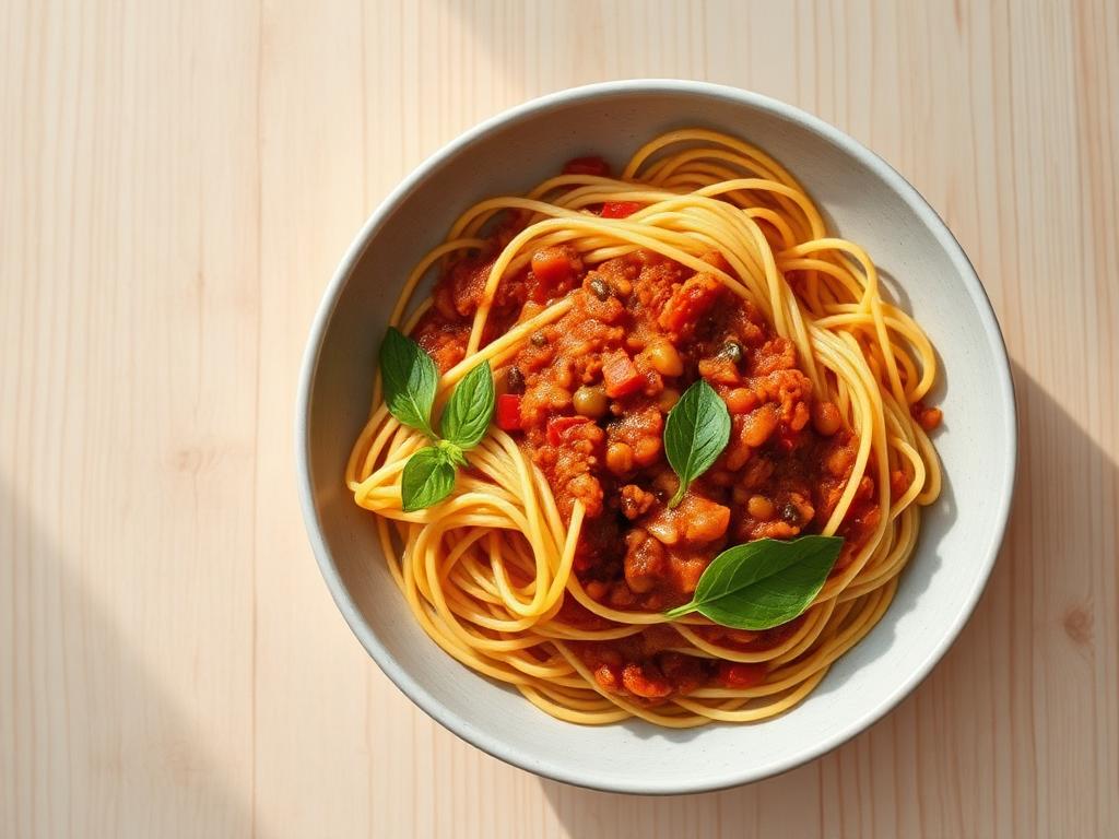 Wholemeal spaghetti with tomato & lentil ragu served and ready to eat