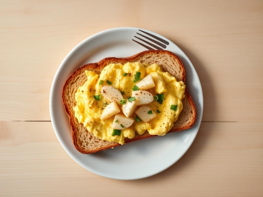 Wholemeal toast with scrambled eggs served and ready to eat