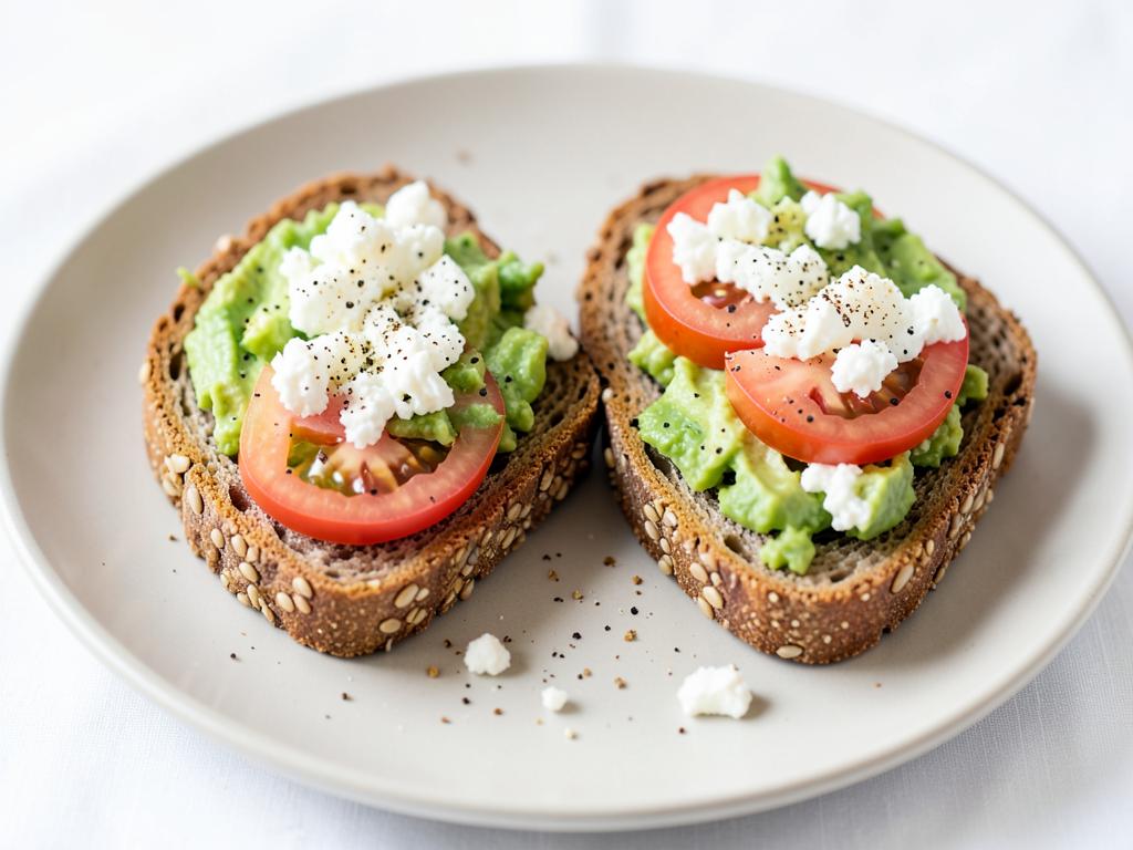 Two slices of brown seed bread topped with mashed avocado, sliced tomato, cottage cheese and black pepper