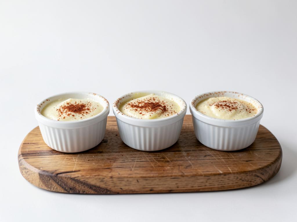 Three small ramekins of set pale milk custard dusted with cinnamon on a wooden board