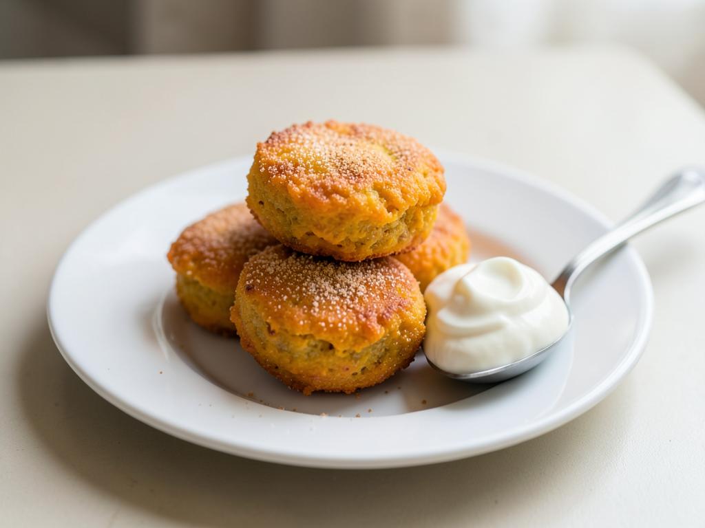 Three golden baked pumpkin fritters dusted with cinnamon sugar on a white plate with plain yoghurt
