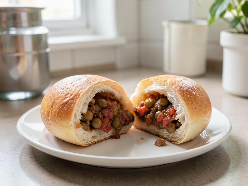 Two golden baked vetkoek split open and filled with saucy sugar beans and tomato on a white plate