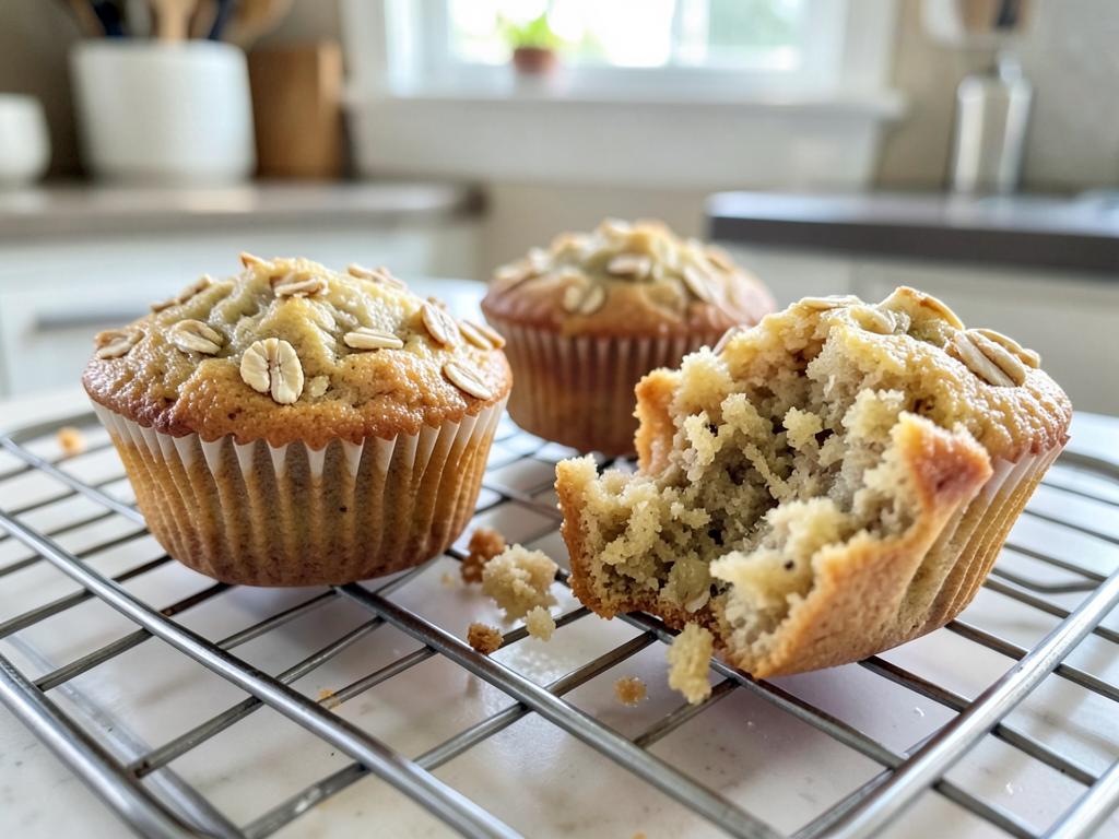 Three banana and oat muffins on a cooling rack, one broken open showing a moist crumb