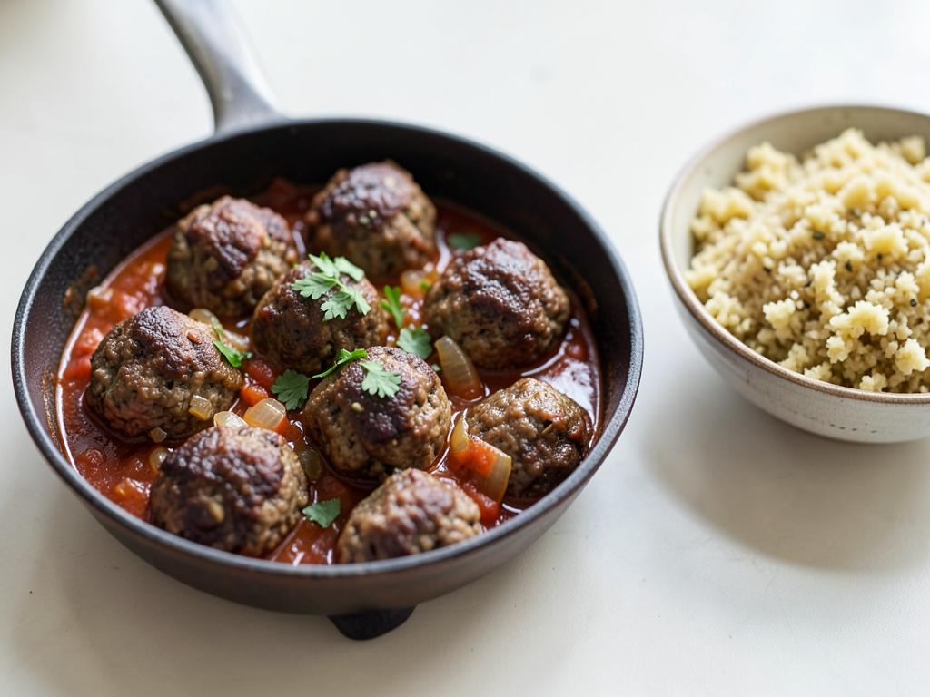 Pan of browned beef meatballs simmering in tomato and onion sauce with a bowl of pap alongside