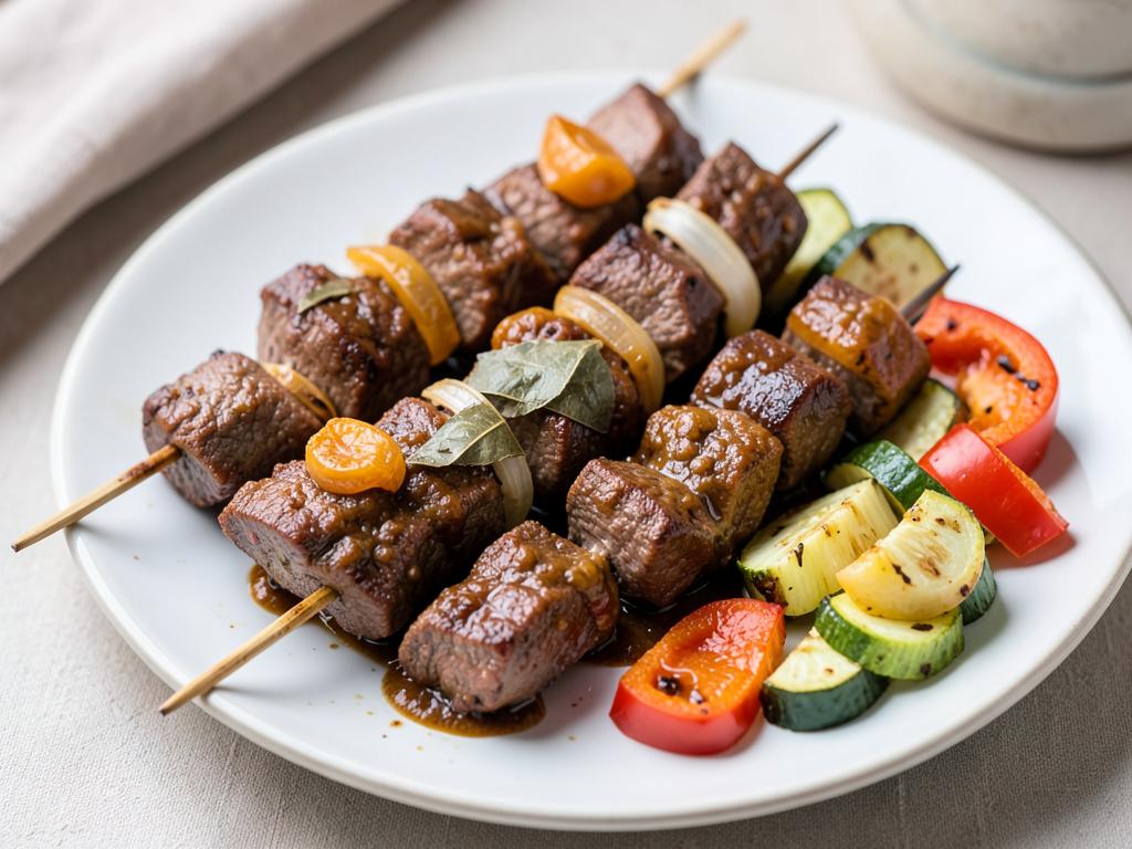 Skewers of grilled lean beef with onion, pepper and dried apricot beside roasted butternut and carrot