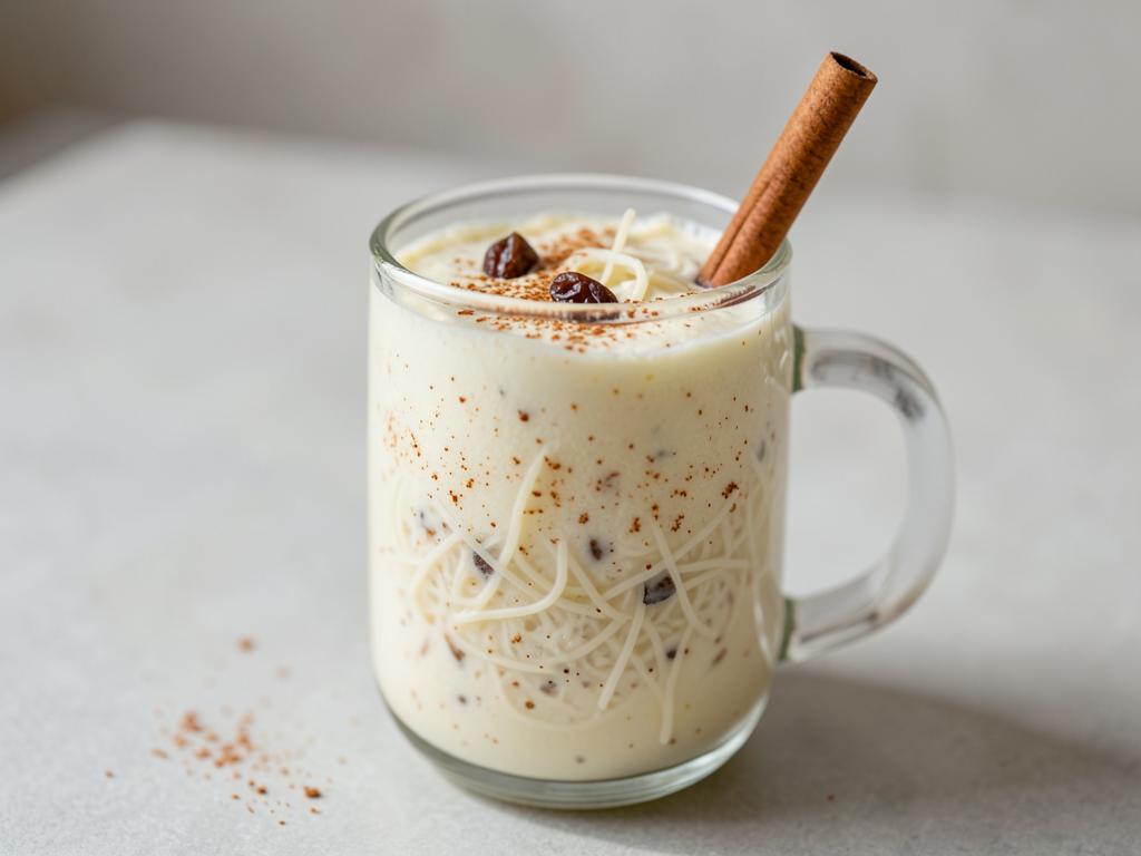 Mug of warm spiced milk drink with vermicelli, sago and a cinnamon stick