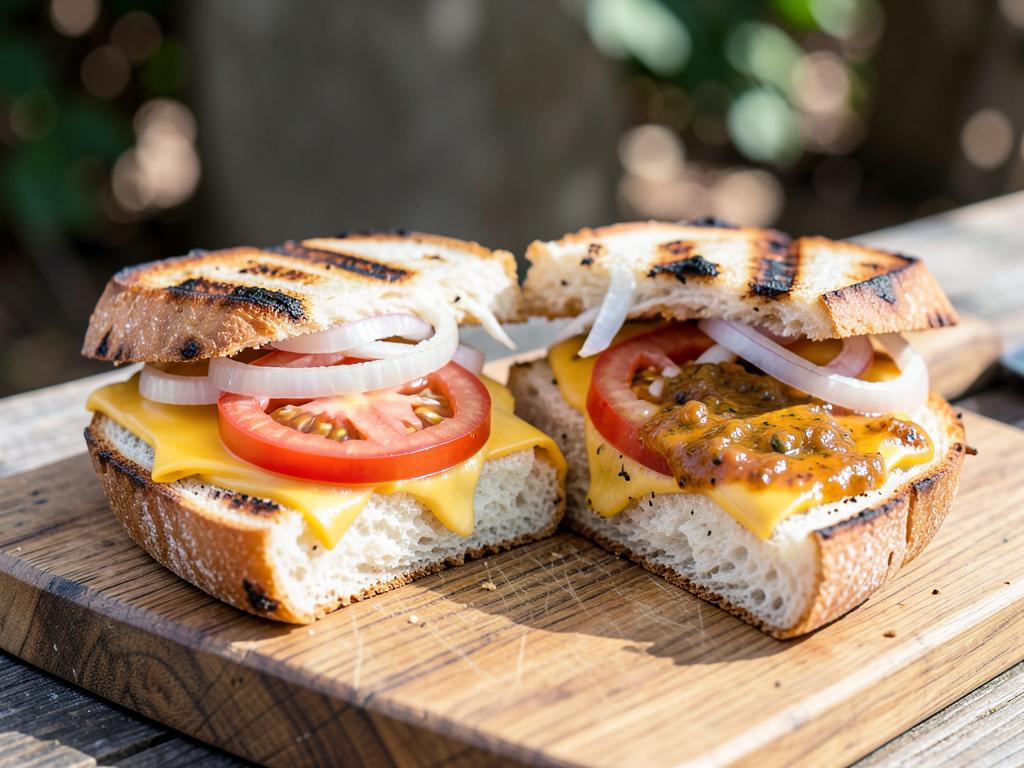 Toasted braaibroodjie cut in half on a wooden board, melted cheddar with tomato and onion slices and grill marks on the crust