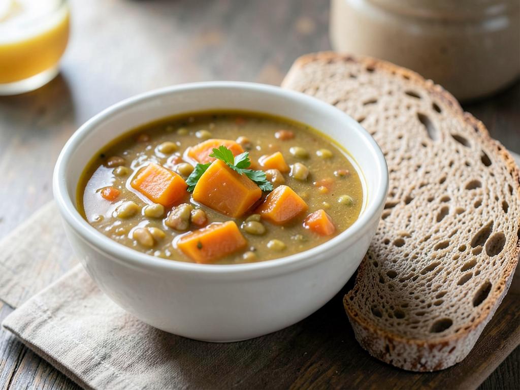 Bowl of butternut and lentil soup with wholewheat bread