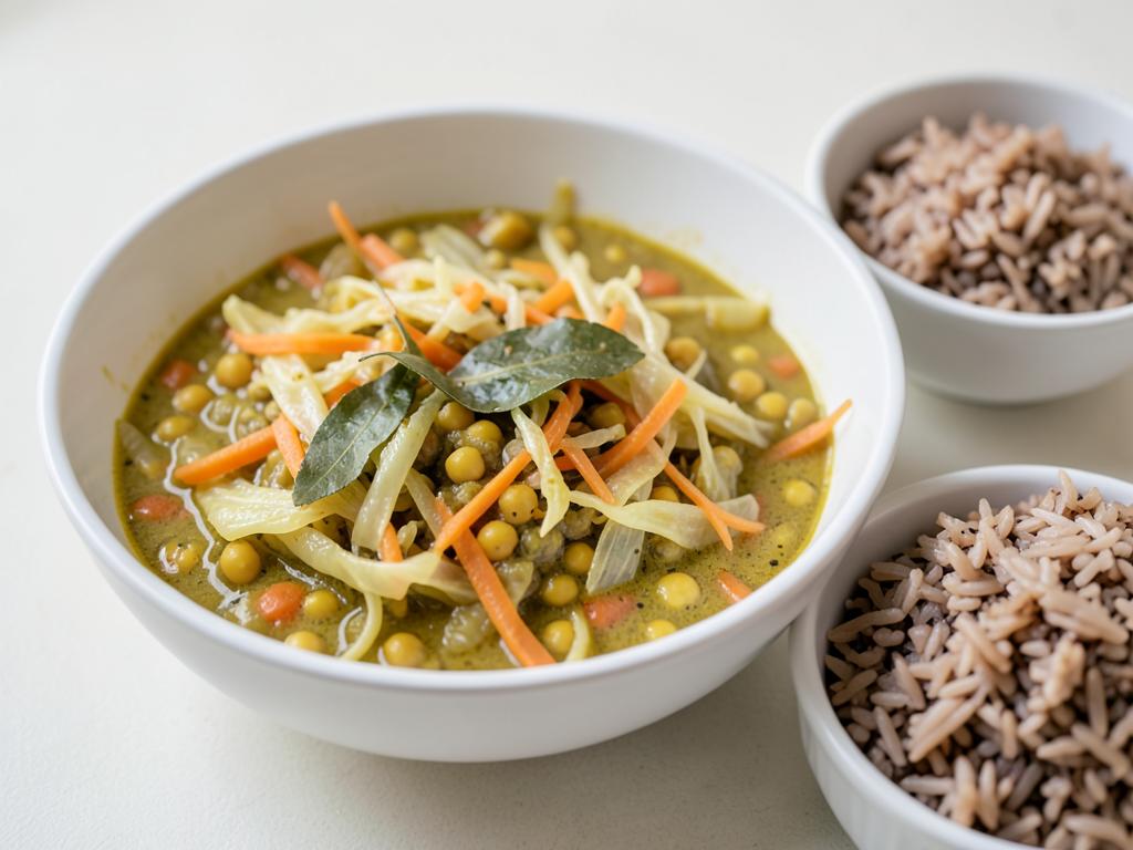 Bowl of cooked cabbage, carrot and yellow lentil curry with curry leaves, served with brown rice