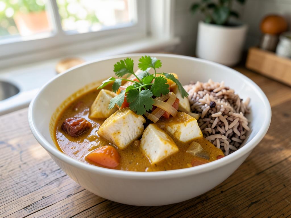 Pot of golden Cape Malay fish curry with chunks of white hake in tomato and onion sauce, bowl of brown rice beside it