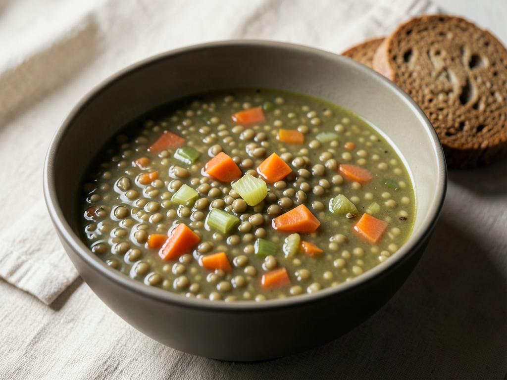 Bowl of thick green split pea and barley soup with carrot and celery pieces
