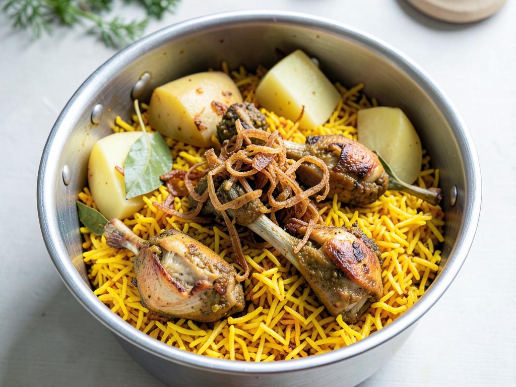 Pot of chicken breyani with turmeric-stained basmati rice, chicken pieces, potato and crispy fried onion on top
