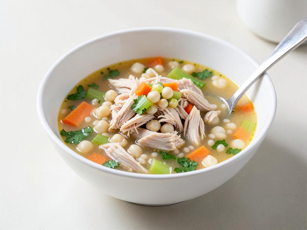 Deep white bowl of chicken and samp soup with carrot, celery and parsley in a golden broth