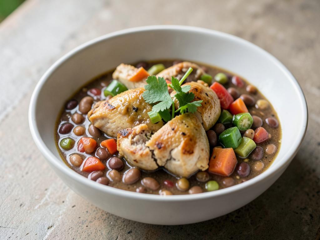 Bowl of samp and beans cooked with chicken and vegetables