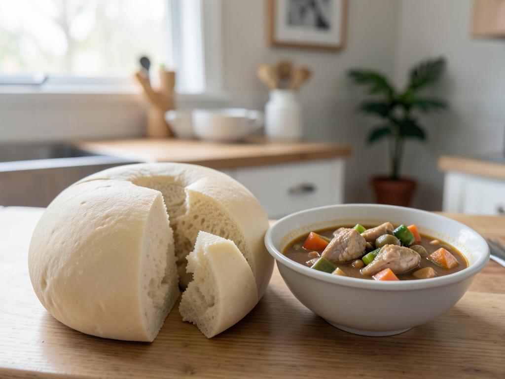 Wedge of soft white steamed dombolo bread beside chicken and vegetable stew in a brown gravy