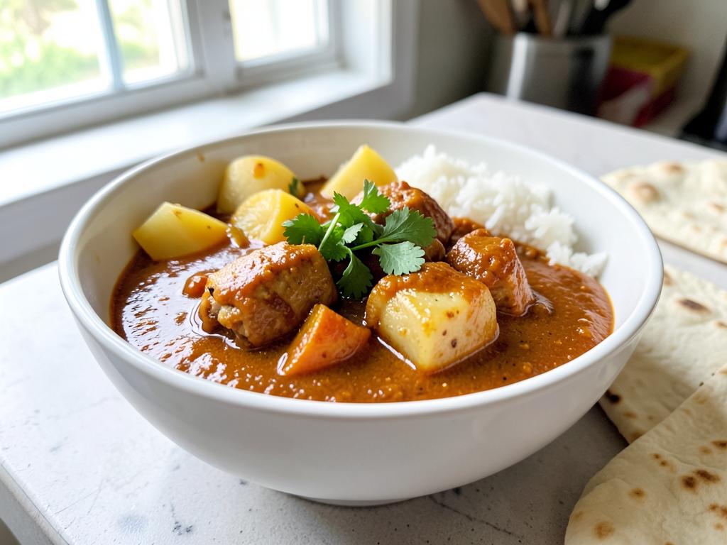 Deep red Durban-style chicken curry with potato pieces and curry leaves in a pot, rice and roti alongside