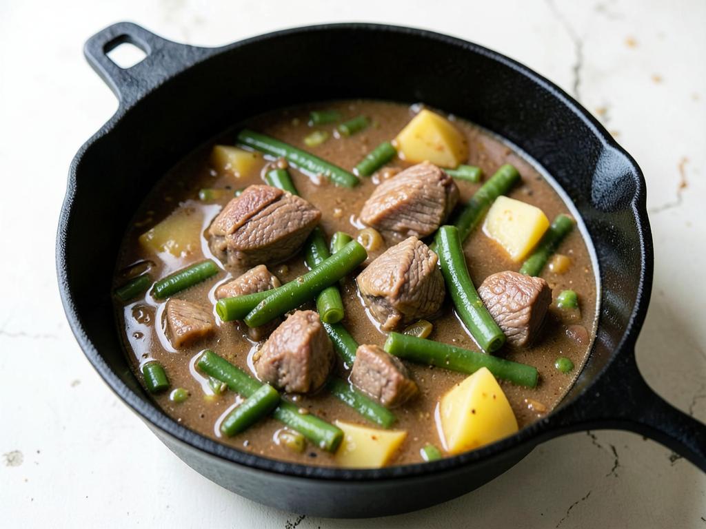 Pot of green bean bredie with lamb pieces and potato in a rich brown gravy