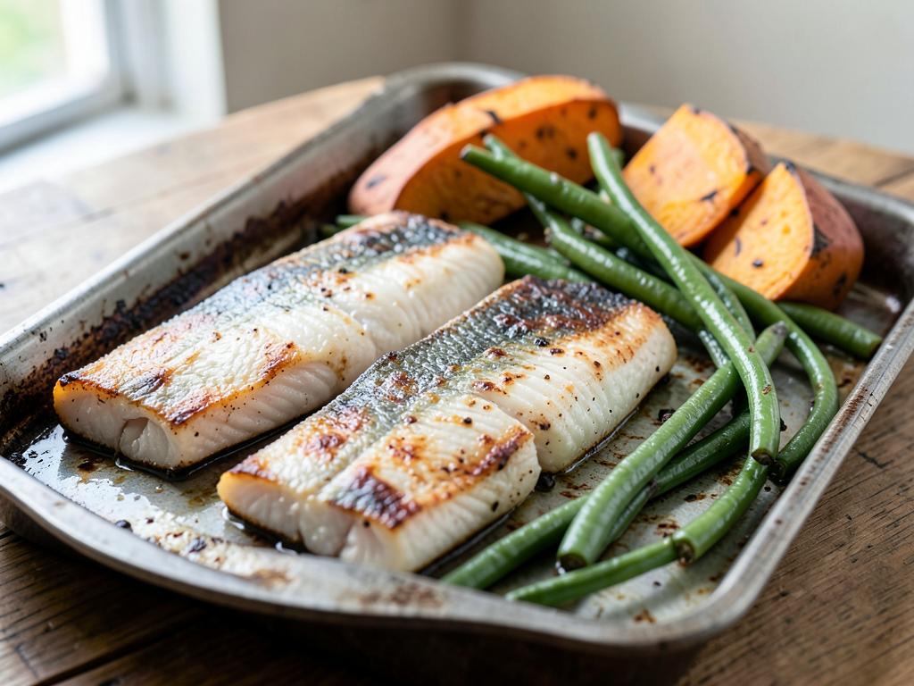 Baking tray of hake fillets with sweet potato, tomato and peppers