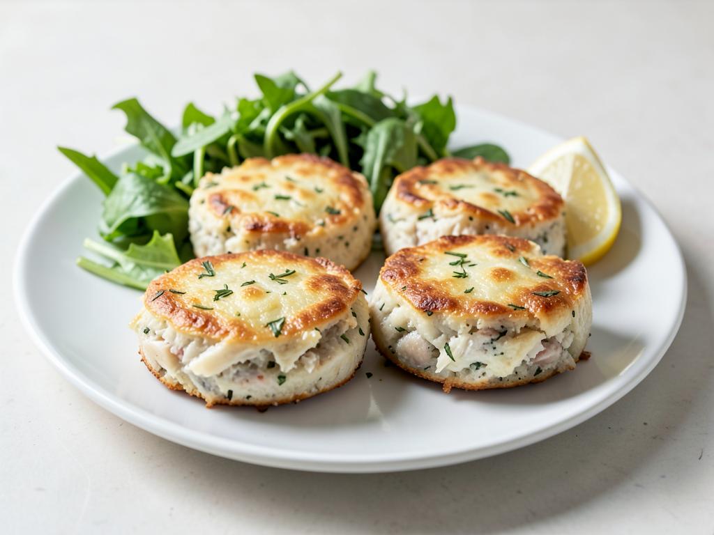 Four golden baked hake fishcakes on a plate with green salad and a lemon wedge