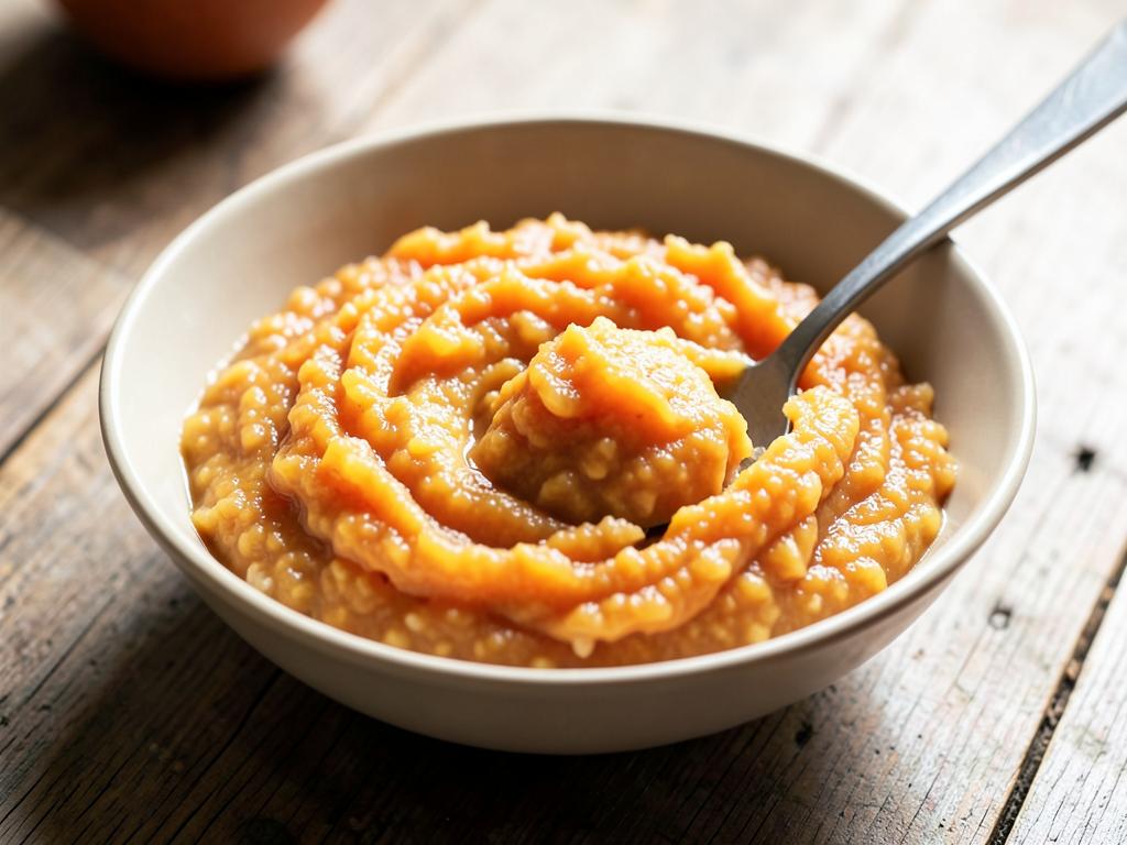 Bowl of thick orange pumpkin and maize meal porridge with a wooden spoon