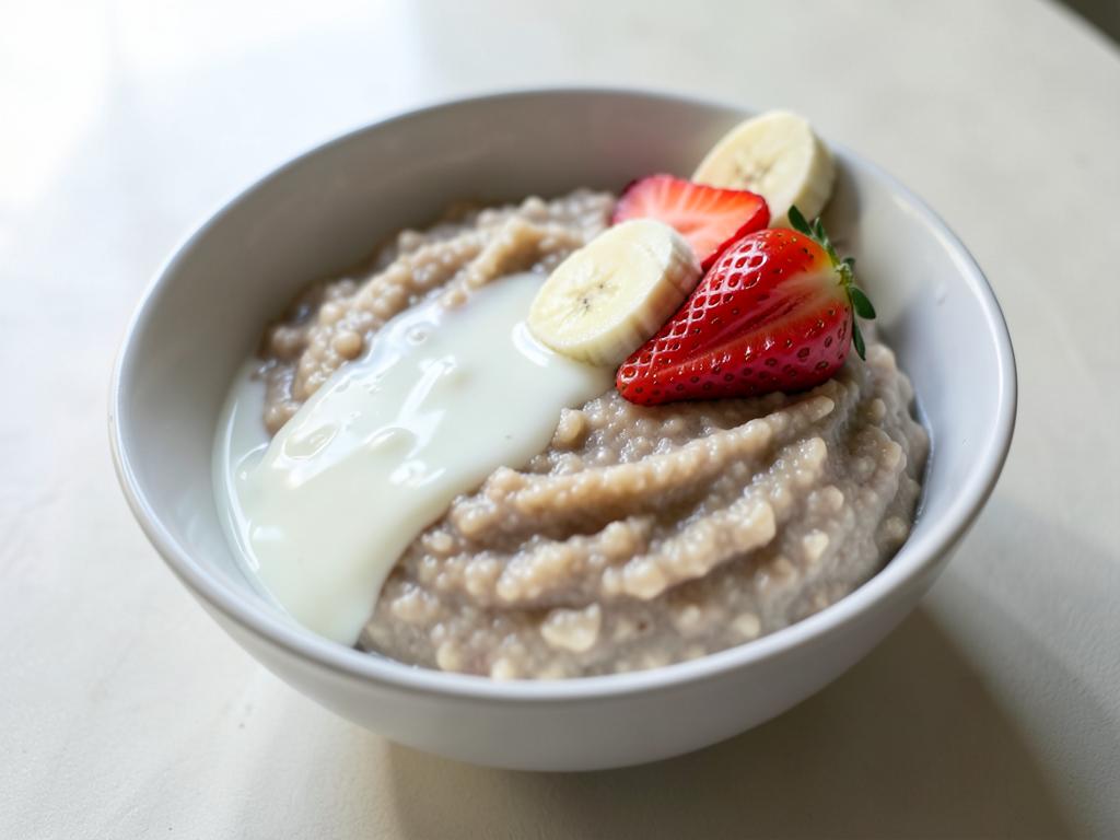Bowl of soft brown mabele sorghum porridge with milk poured over and sliced banana and strawberries