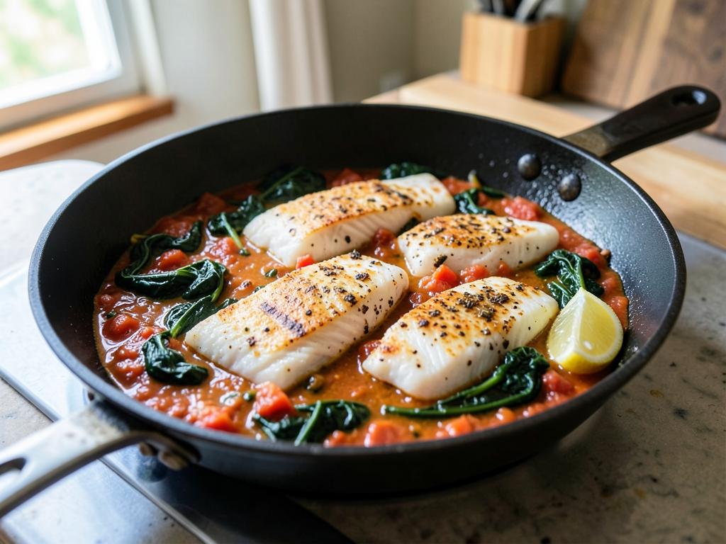 Baking dish of white fish fillets in spiced tomato sauce with wilted spinach and lemon wedges