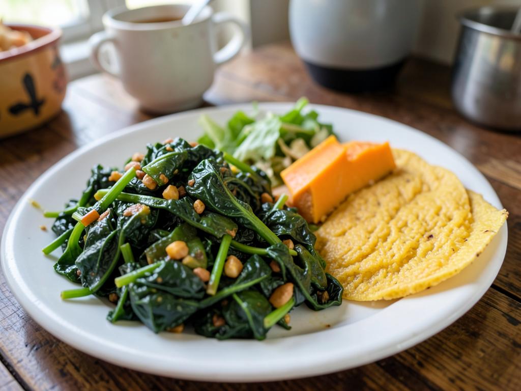 Plate of morogo greens with butternut and pap