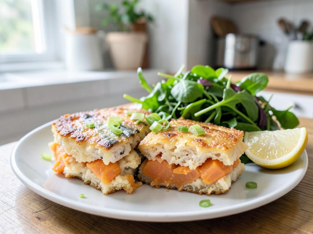 Golden baked fishcakes made with sweet potato on a tray with lemon wedges and a green salad