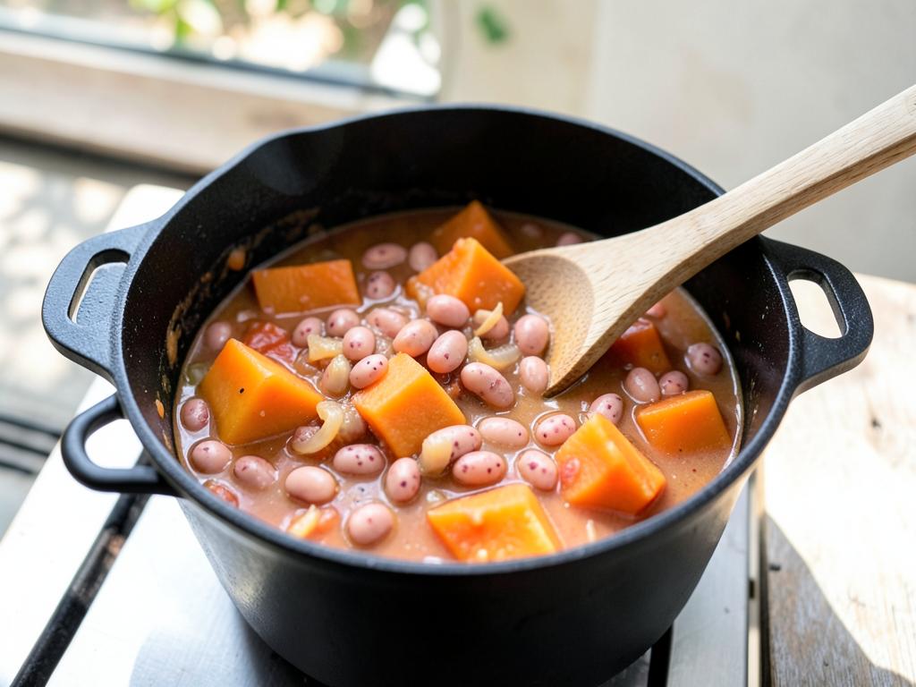 Enamel bowl of orange pumpkin cubes and pink speckled sugar beans in a thick tomato sauce with parsley