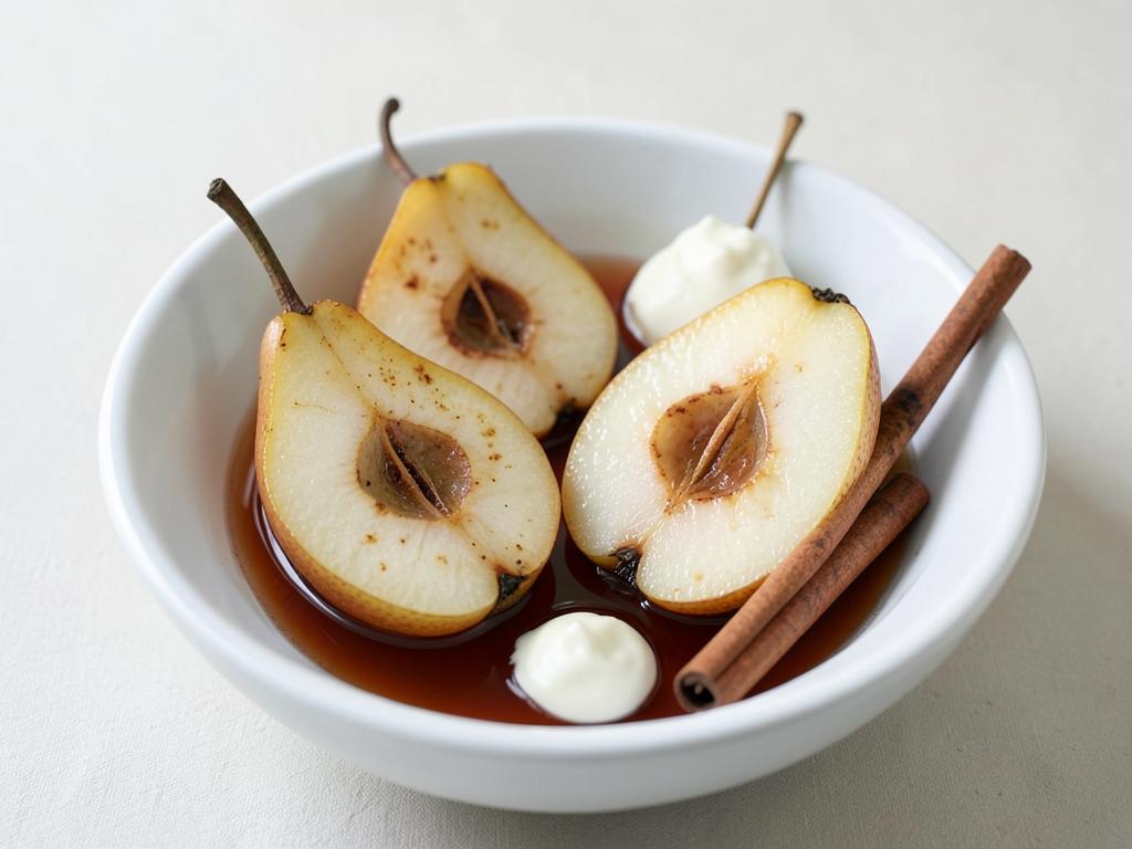 Bowl of amber rooibos-poached pear halves in syrup with a cinnamon stick and plain yoghurt
