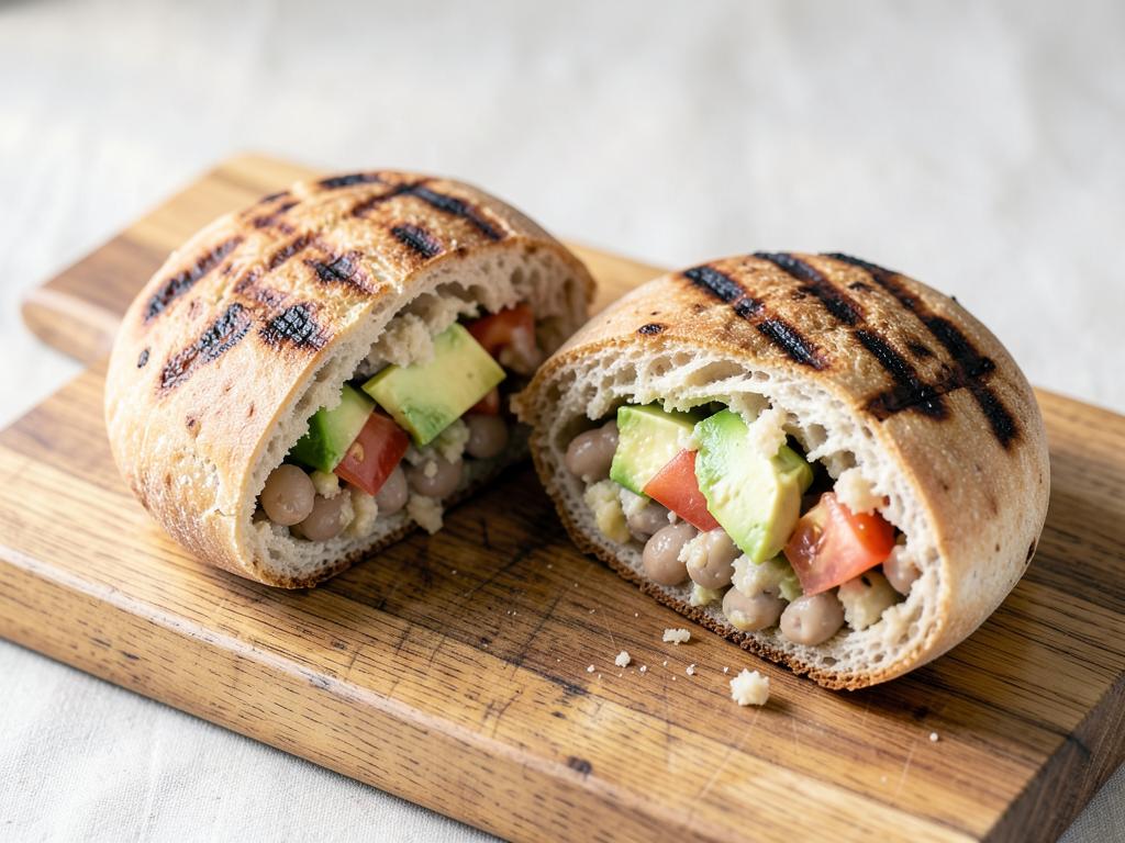 Two griddle-marked roosterkoek rolls split and filled with mashed beans, avocado and tomato on a wooden board
