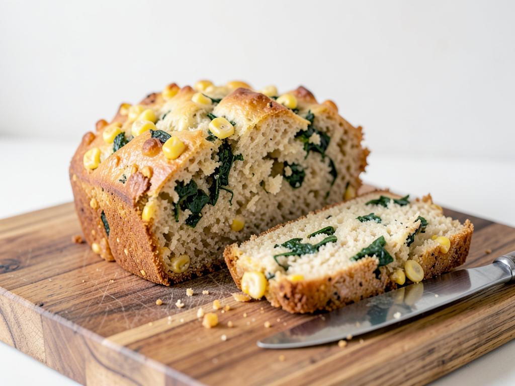 Sliced golden sweetcorn loaf studded with corn kernels and green spinach on a wooden board