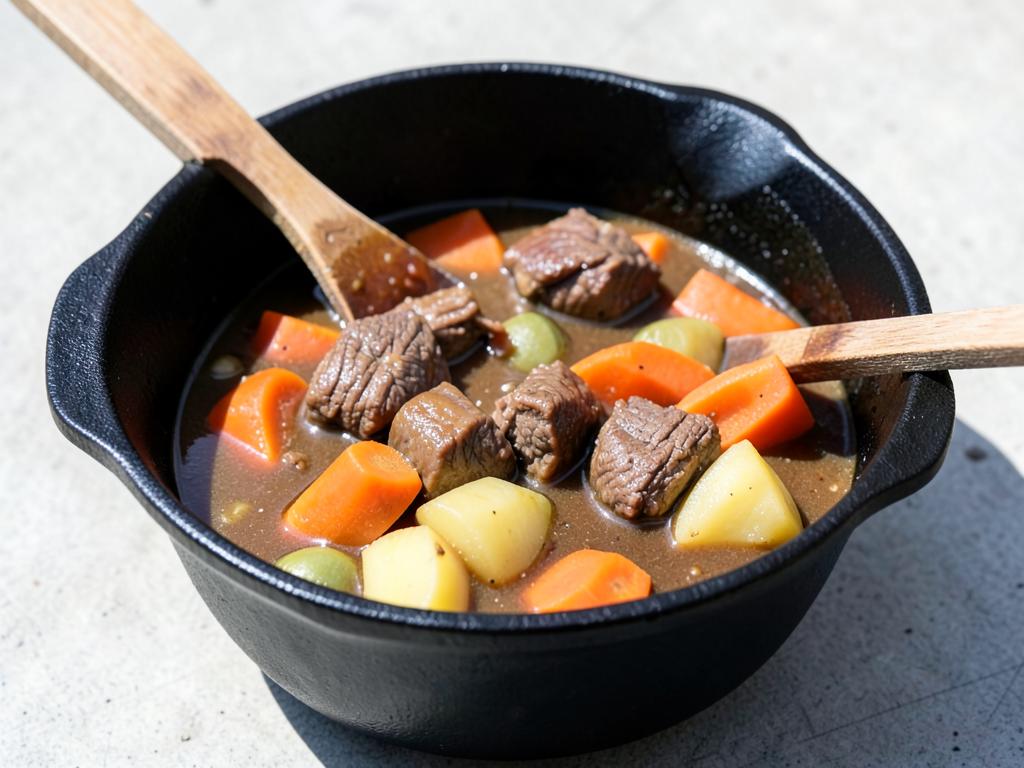 Black cast-iron potjie pot of beef stew with carrots, potato and butternut in a brown gravy
