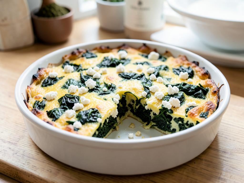 Round white dish of set golden crustless spinach and feta bake with one portion removed