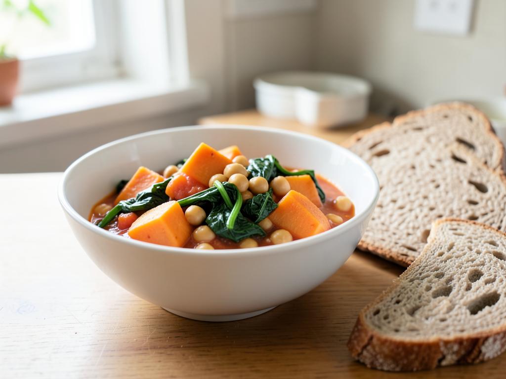 Pot of orange sweet potato and chickpea stew with wilted spinach in a tomato sauce
