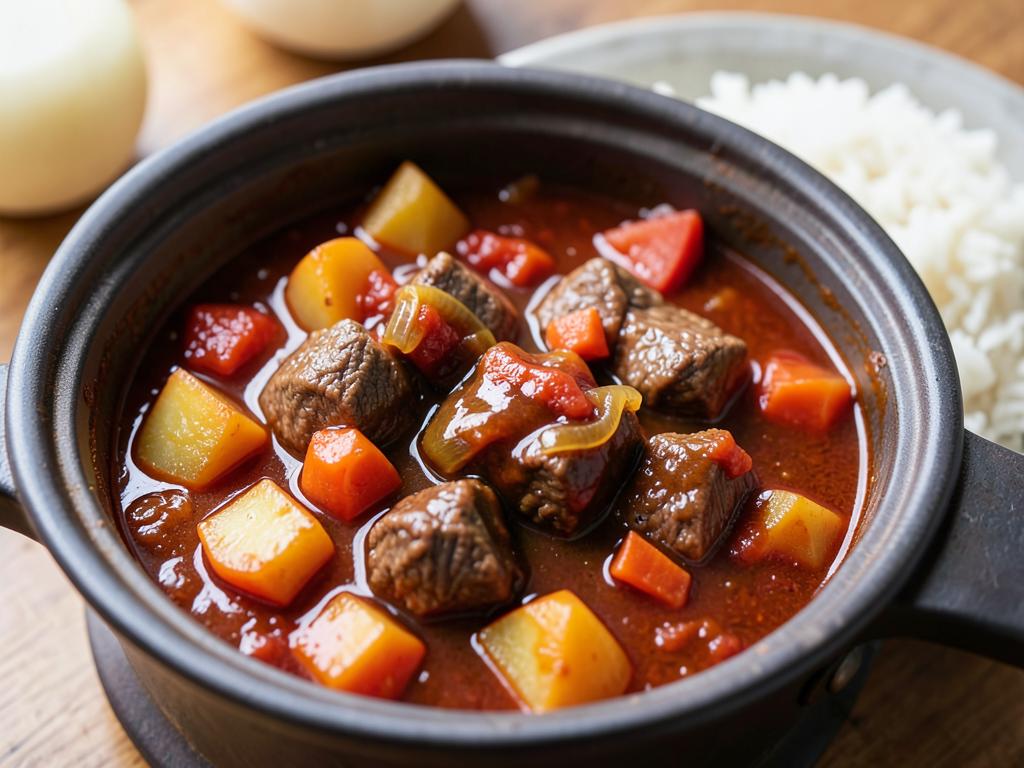 Heavy pot of tomato bredie with lean beef, potato and carrot in a deep red tomato and onion sauce