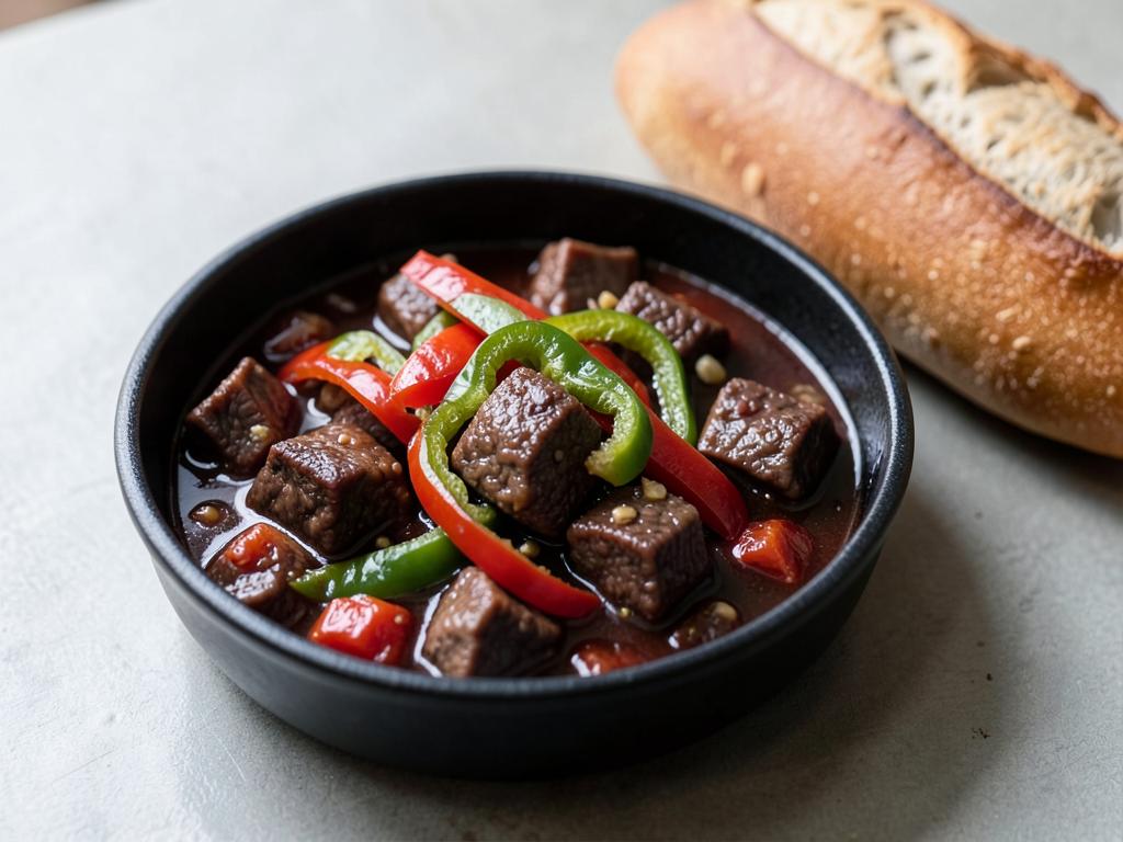 Pan of cubed beef in a dark glossy sauce with red and green peppers and onion, bread alongside